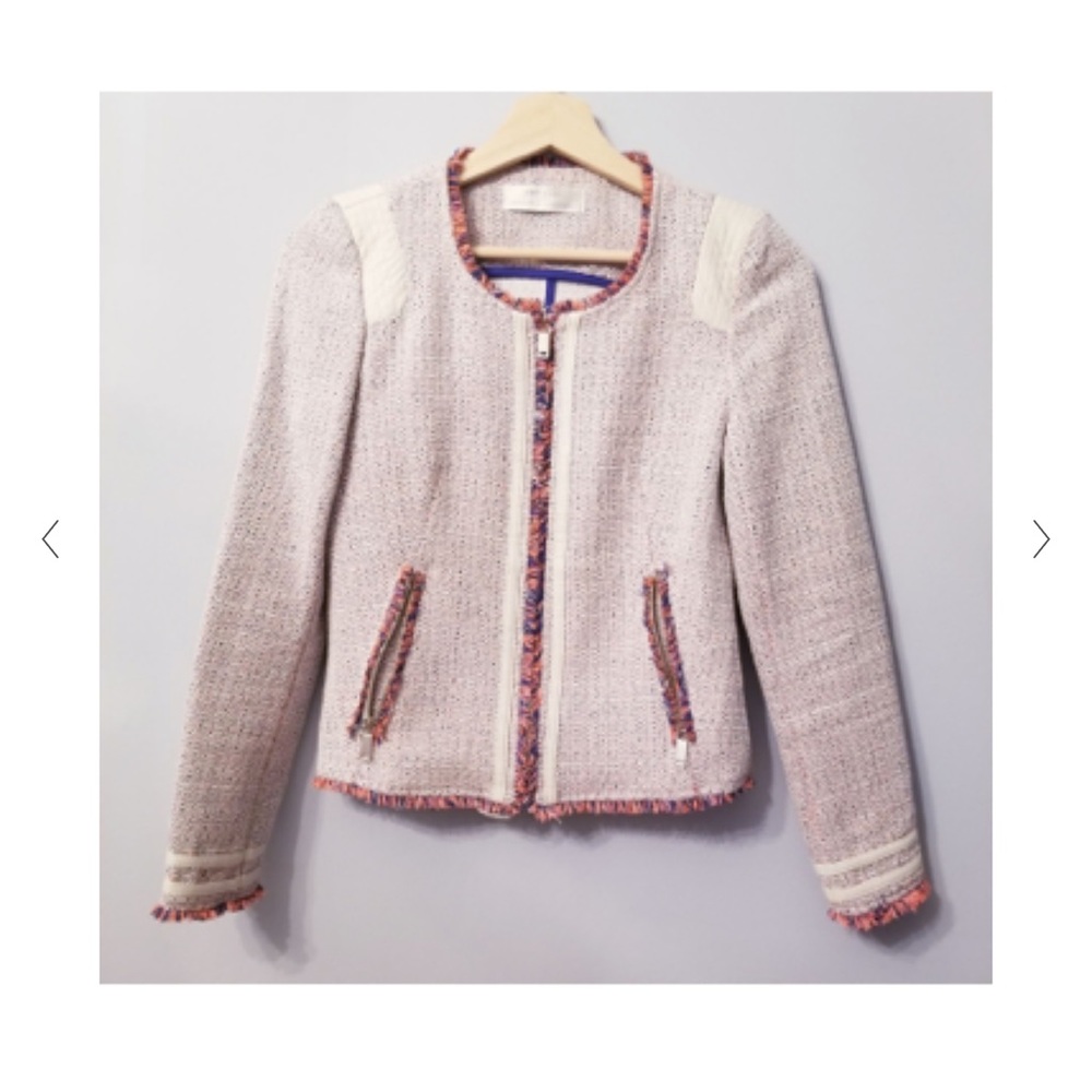 Zara Neon Orange/Blue Zip-up Tweed boucle jacket - Picture 2 of 8